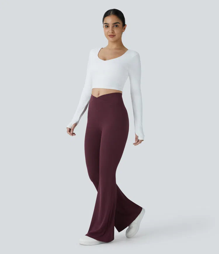 Crossover High Waisted Pocket Waffle Casual Flared Trousers