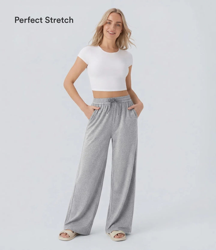High Waisted Drawstring Pocket Wide Leg Casual Trousers