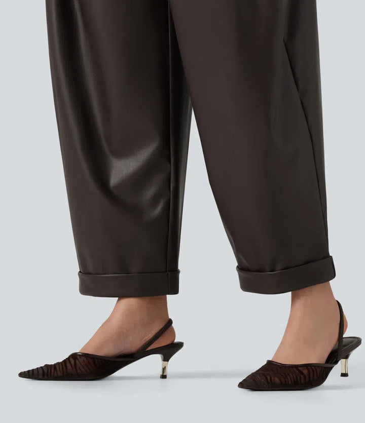 High Waisted Barrel Leg Stretchy PU Fleece Casual Trousers with Pockets