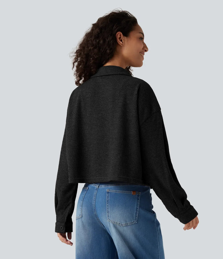 Long Sleeve Knit Waffle Casual Jacket with Pockets
