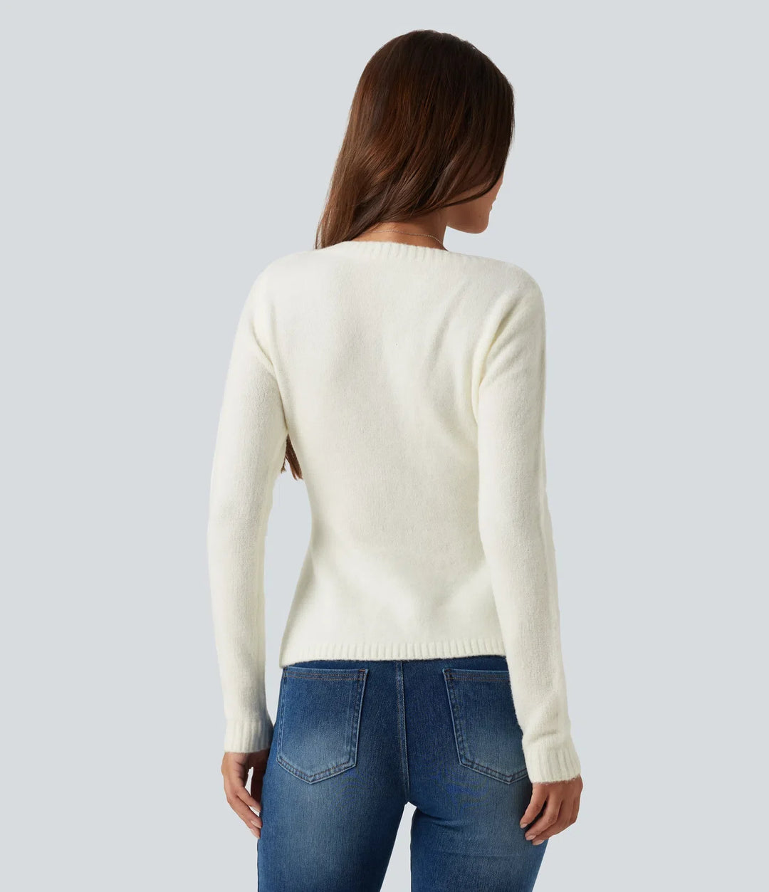 V Neck Long Sleeve Ruffle Hem Slim Casual Jumper