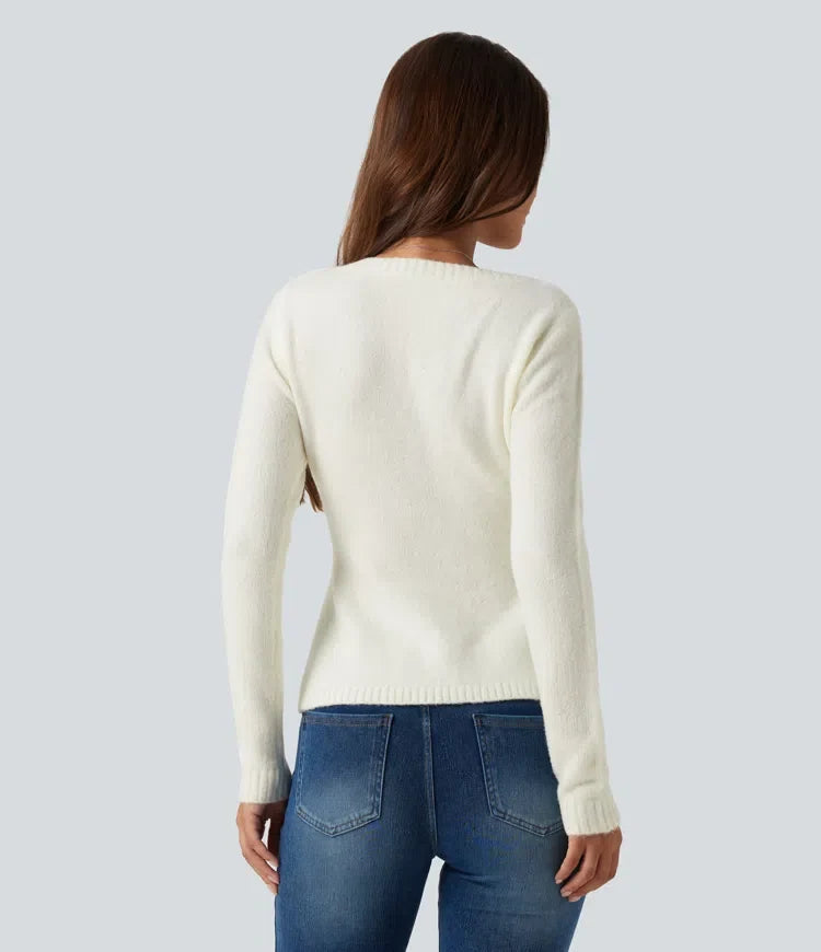 V Neck Long Sleeve Ruffle Hem Slim Casual Jumper