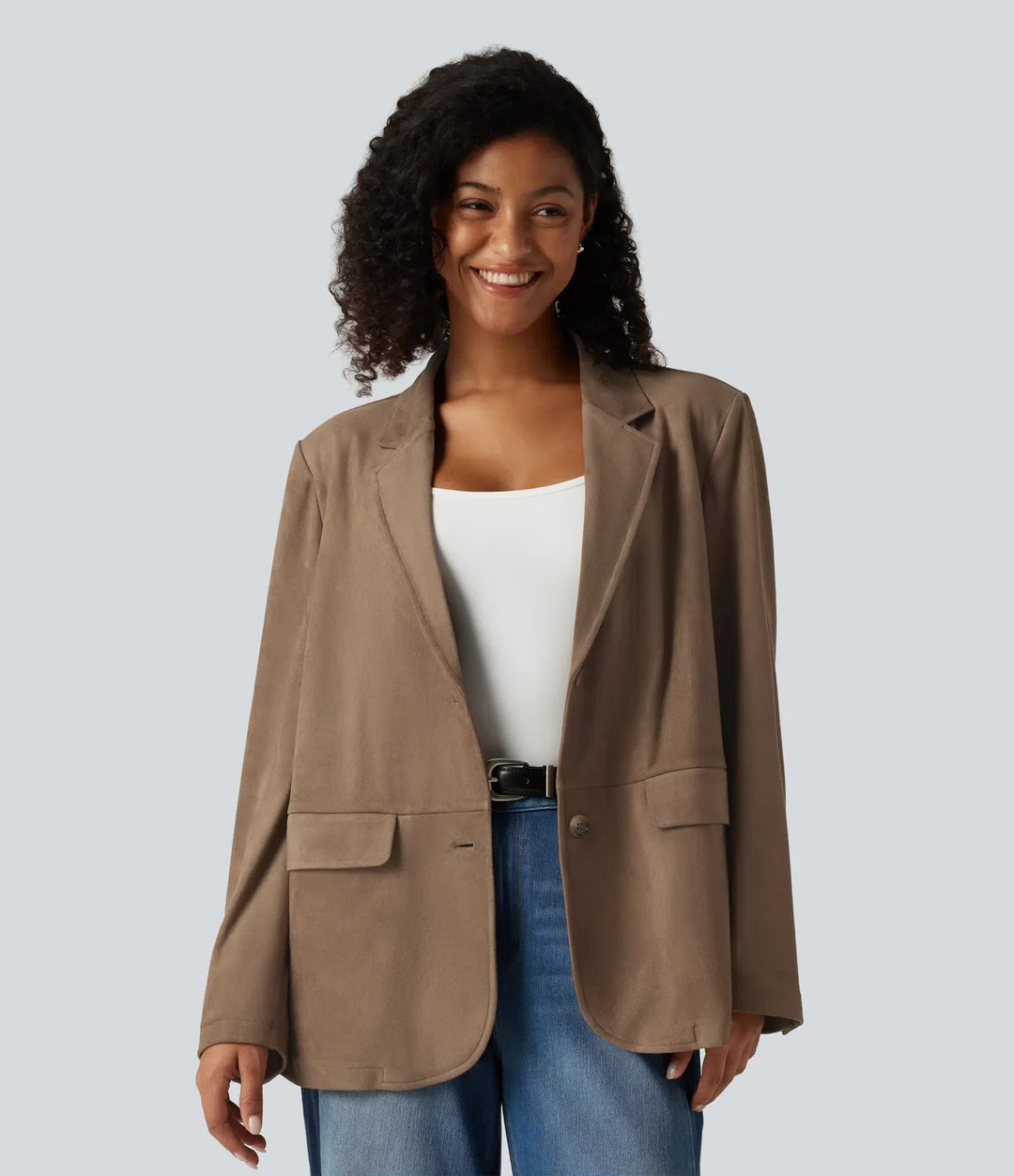 Notched Collar Long Sleeve Suede Casual Blazer with Pockets