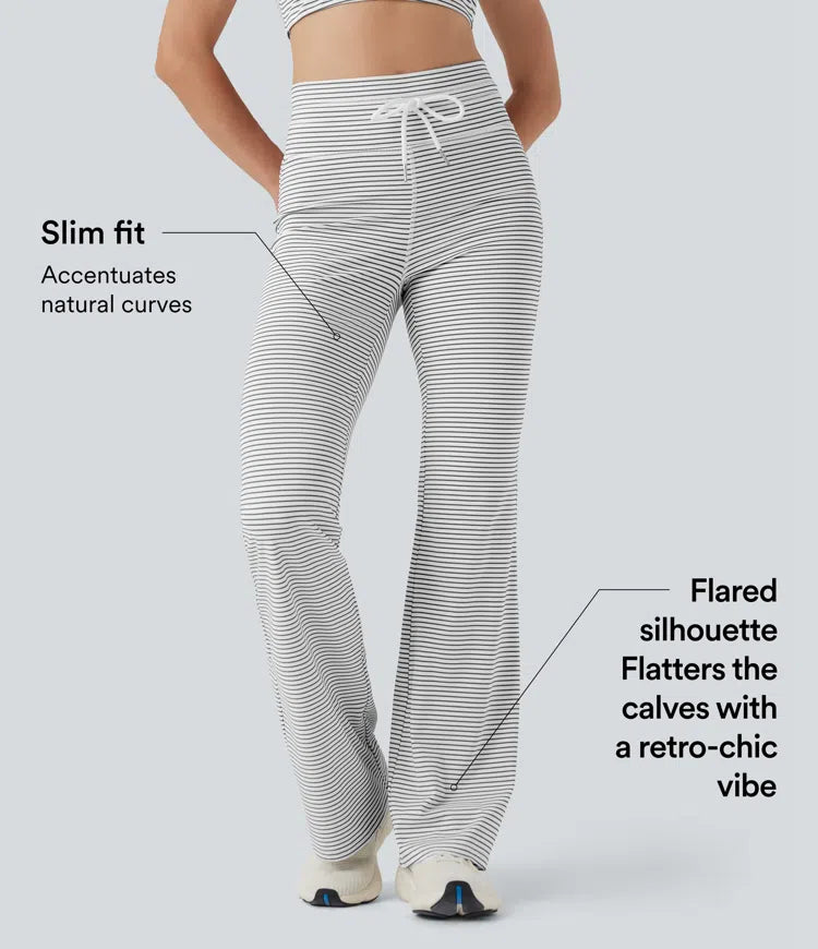 High Waisted Drawstring Stripe Flared Yoga Trousers with Pockets