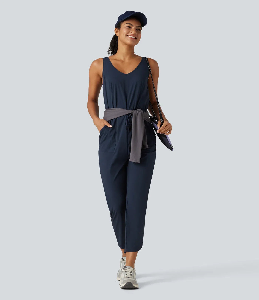 V Neck Drawstring Curved Hem Hiking Jumpsuit with Pockets