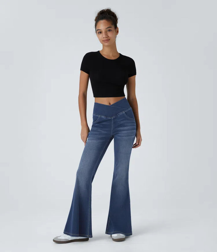 Halara Flex High Waisted Crossover Pocket Washed Casual Flared Jeans