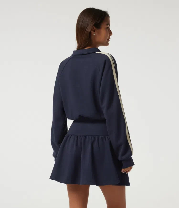 Lapel Long Sleeve Raglan Side Stripe Casual Mini Sweatshirt Dress