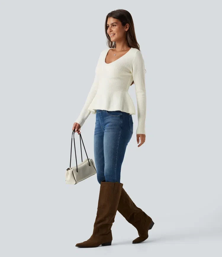 V Neck Long Sleeve Ruffle Hem Slim Casual Jumper