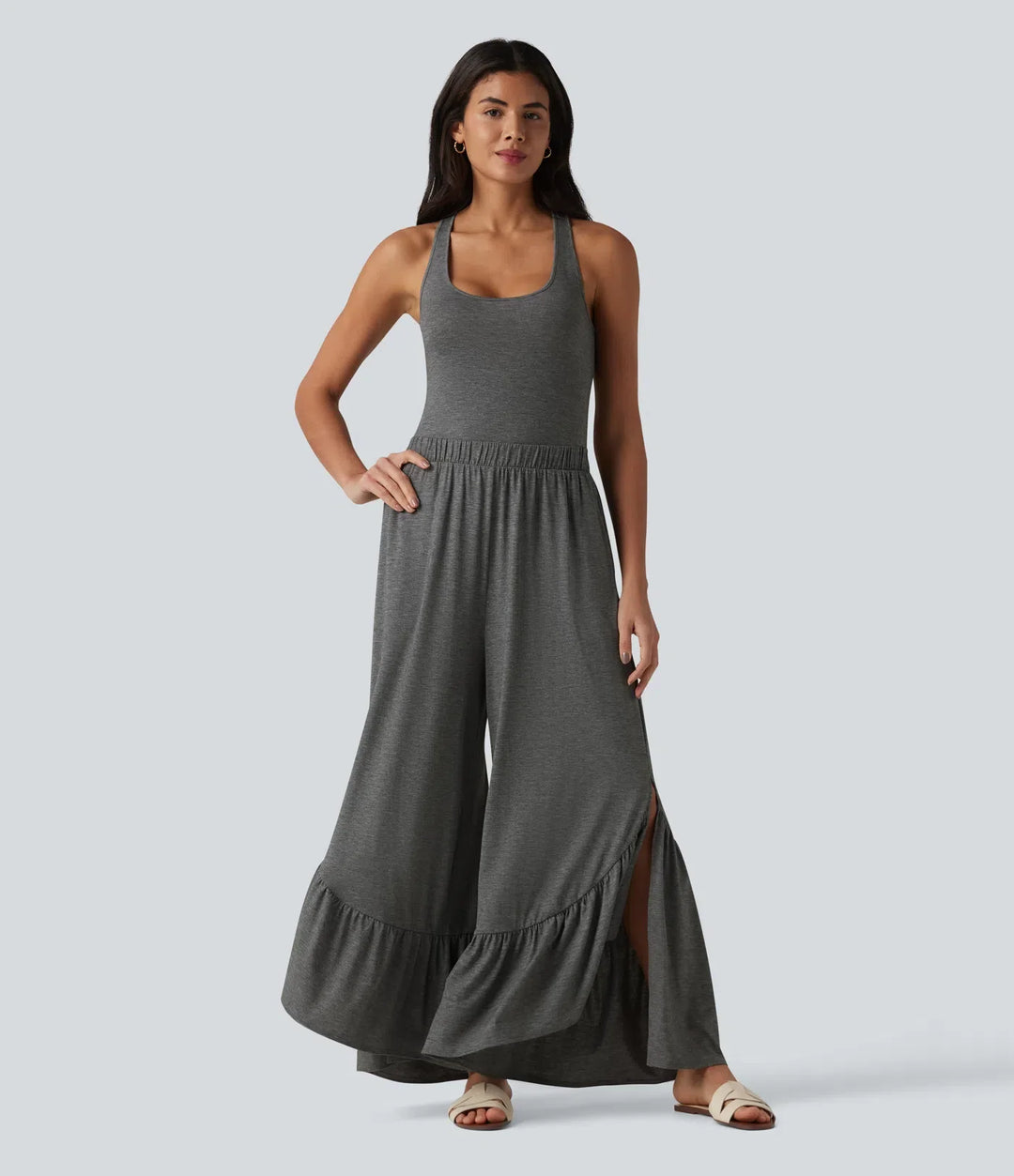 Crisscross Backless U-Neck Sleeveless Ruffle Hem Flowy Casual Jumpsuit with Pockets-Easy Peezy
