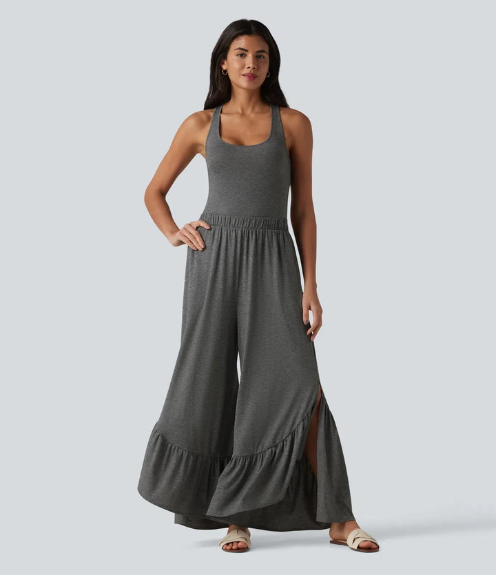 Crisscross Backless U-Neck Sleeveless Ruffle Hem Flowy Casual Jumpsuit with Pockets-Easy Peezy