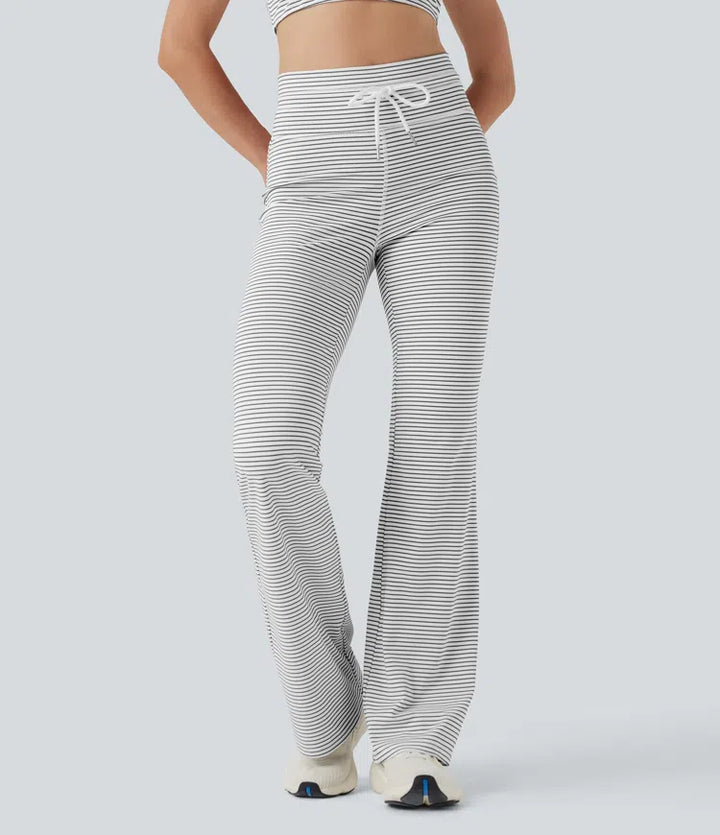 High Waisted Drawstring Stripe Flared Yoga Trousers with Pockets