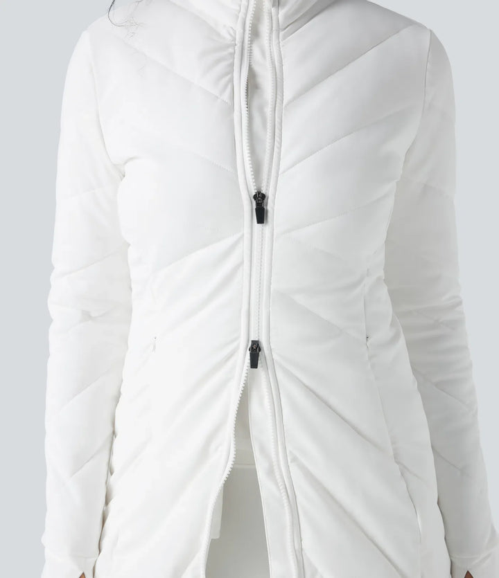 PuffFlex Stand Collar Double Zipper Thumb Holes Casual Padded Jacket with Pockets