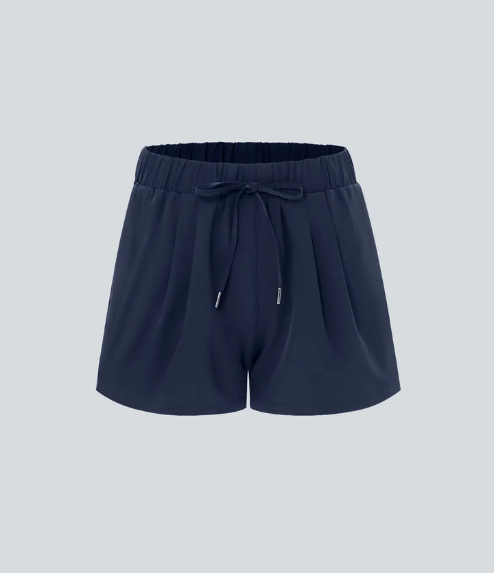 High Waisted Elastic Waistband Drawstring Pleated Yoga Shorts 3" with Pockets