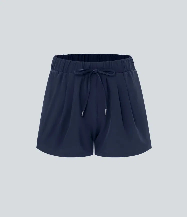 High Waisted Elastic Waistband Drawstring Pleated Yoga Shorts 3" with Pockets