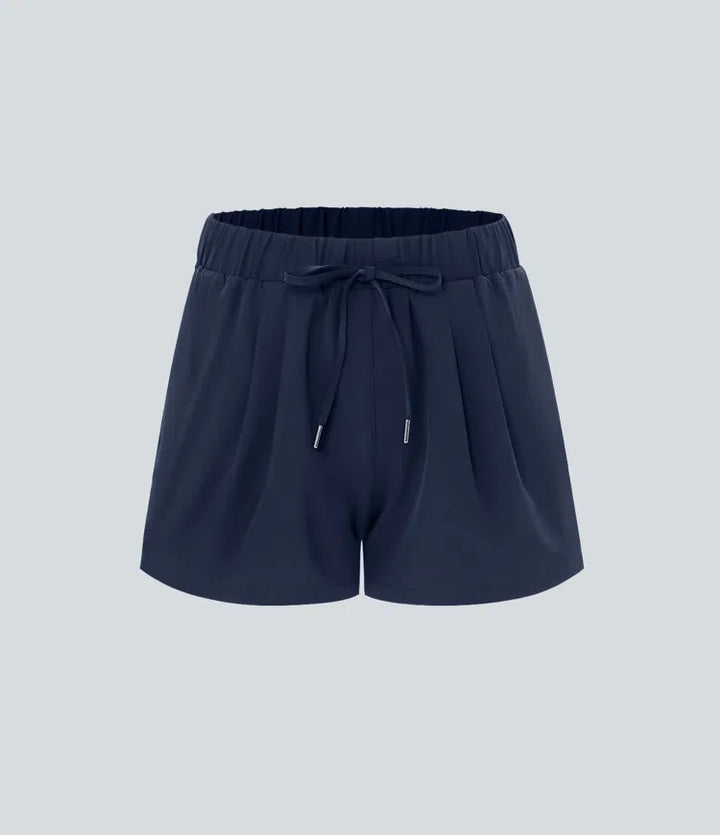 High Waisted Elastic Waistband Drawstring Pleated Yoga Shorts 3" with Pockets