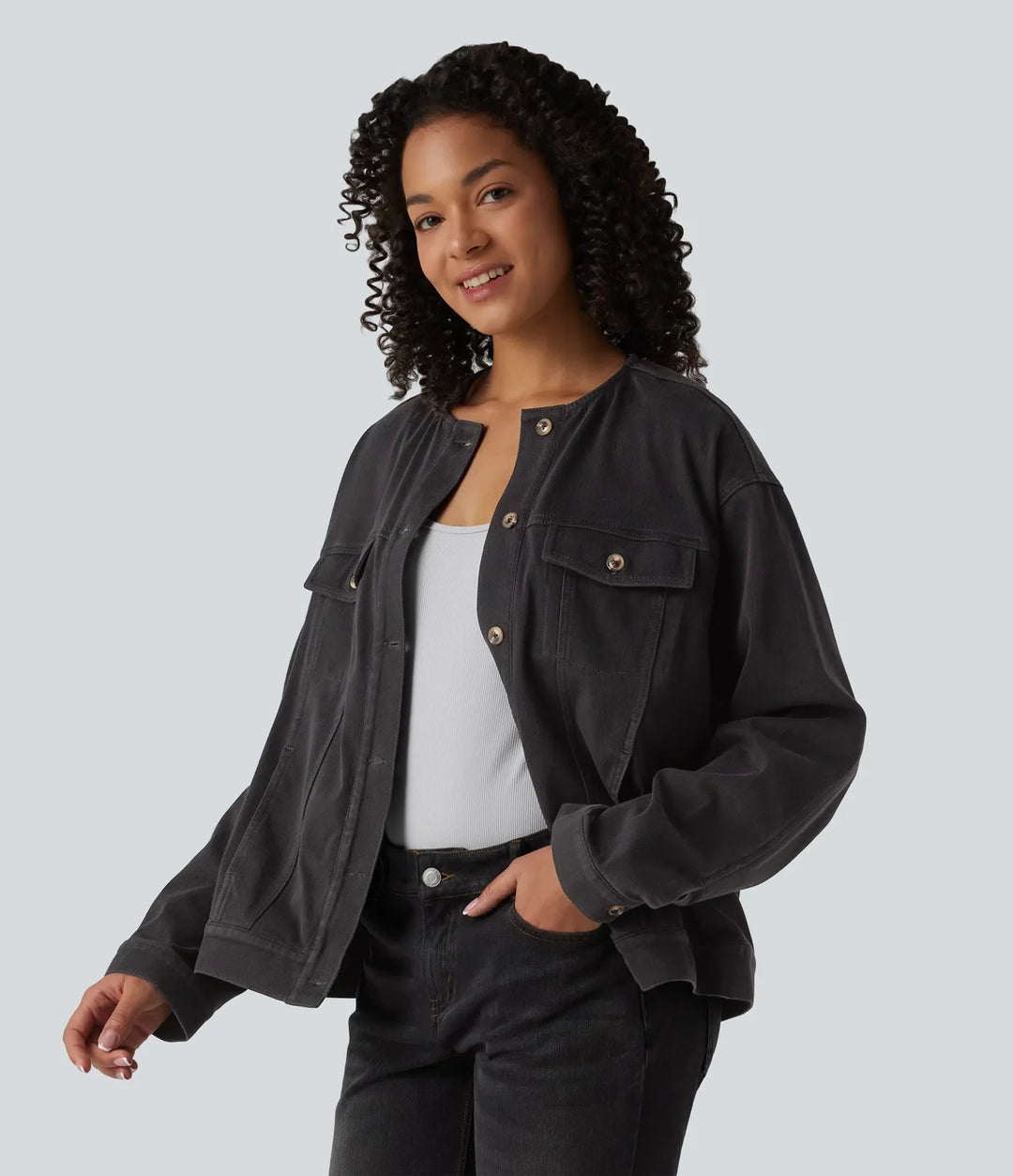 Halara Flex Round Neck Long Sleeve Denim Casual Jacket with Pockets