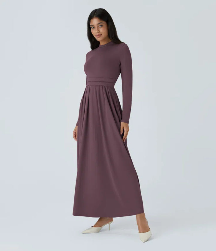 Mock-neck Long Sleeve Pocket Flare Maxi Casual Dress