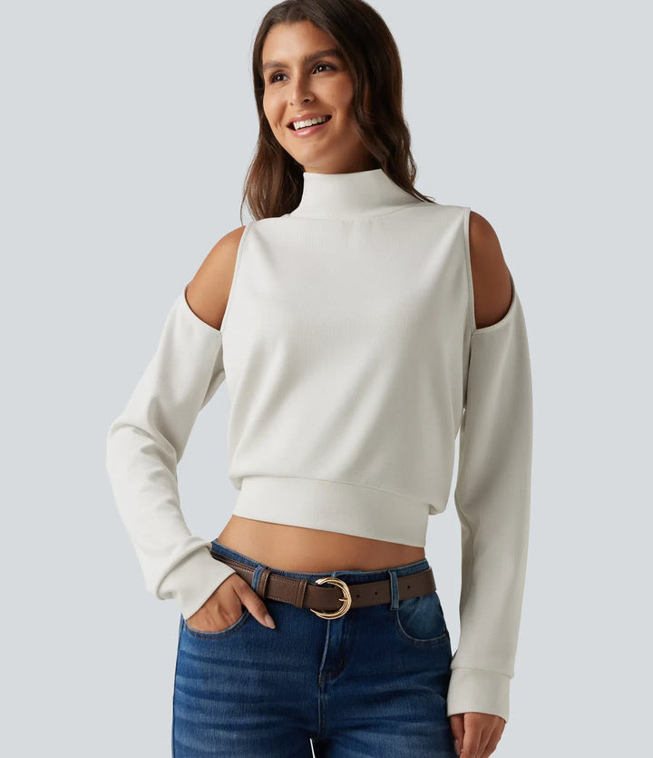Mock Neck Cold Shoulder Long Sleeve Casual Sweatshirt
