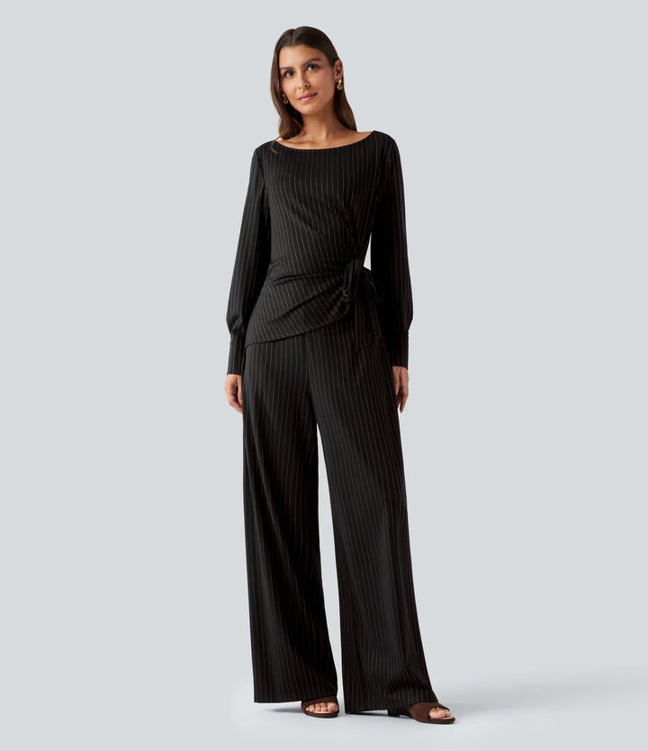 Boat Neck Long Sleeve Tie Side Cool Touch Stripe Work Jumpsuit with Pockets-Easy Peezy Edition