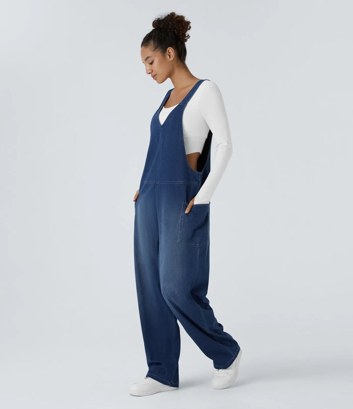 Halara Flex V Neck Pocket Washed Denim Casual Dungarees