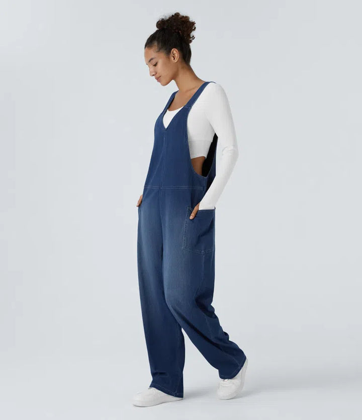 Halara Flex V Neck Pocket Washed Denim Casual Dungarees