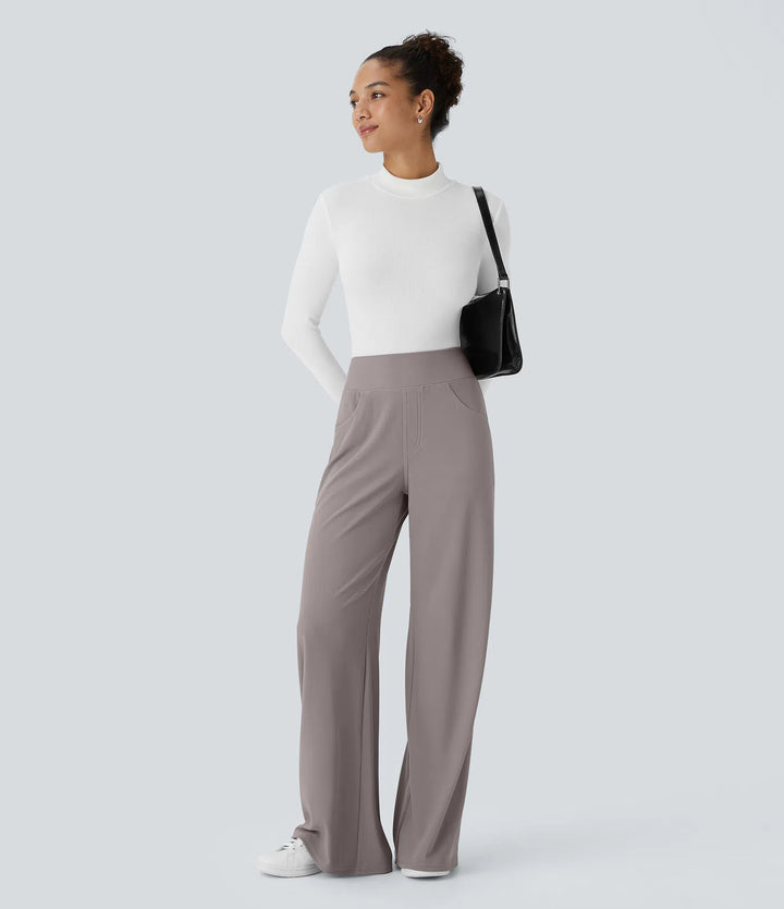 Halara Flex High Waisted Tummy Control Pockets Wide Leg Micro Waffle Work Trousers