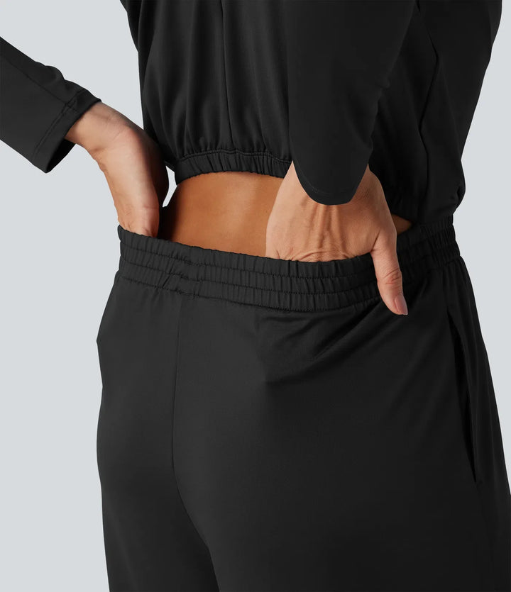 Stand Collar Long Sleeve Straight Leg Jumpsuit with Pockets-Easy Peezy Edition