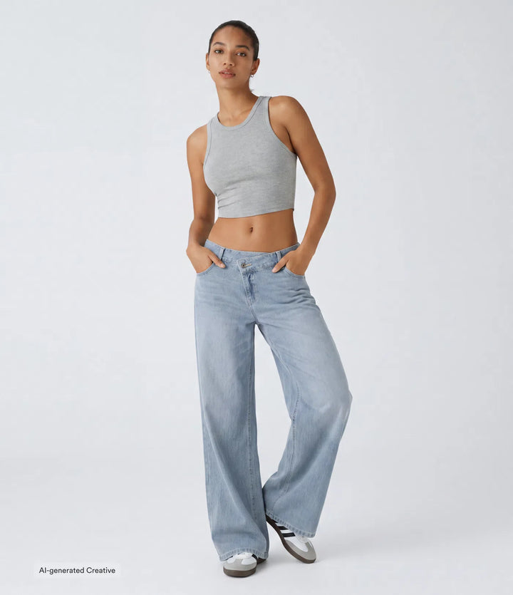 Halara Flex Asymmetric Low Rise Zipper Pockets Baggy Wide Leg Washed Casual Jeans