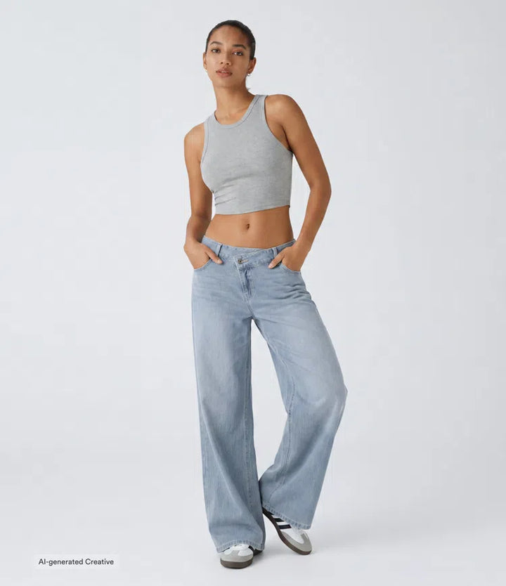 Halara Flex Asymmetric Low Rise Zipper Pockets Baggy Wide Leg Washed Casual Jeans