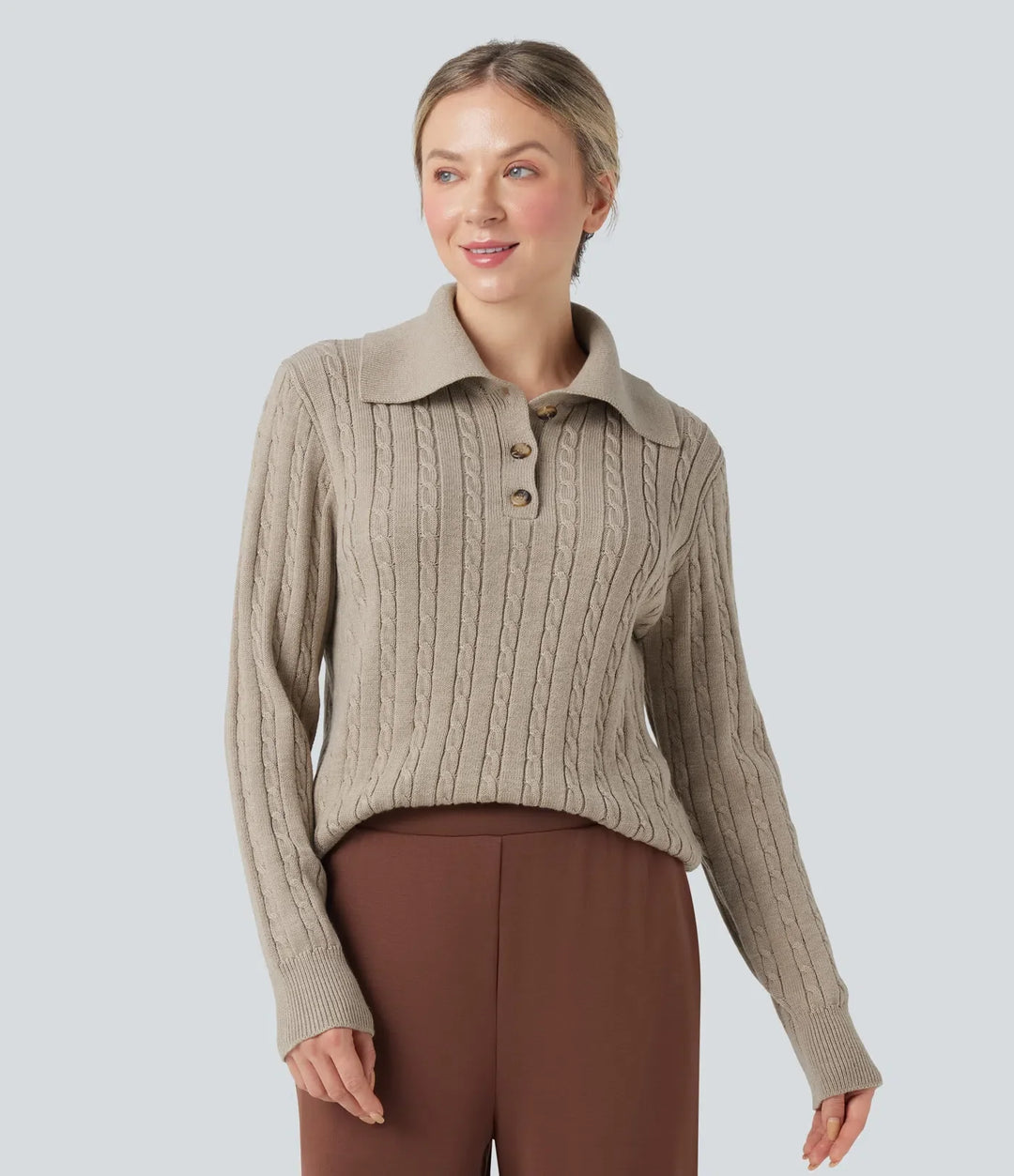 Lapel Long Sleeve Cable Knit Relaxed Fit Work Wool-Blend Jumper