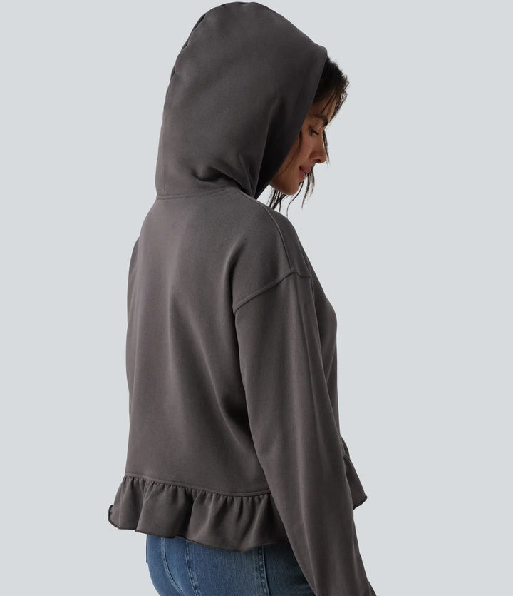 Hooded Drawstring Long Sleeve Ruffle Hem Casual Cotton Sweatshirt