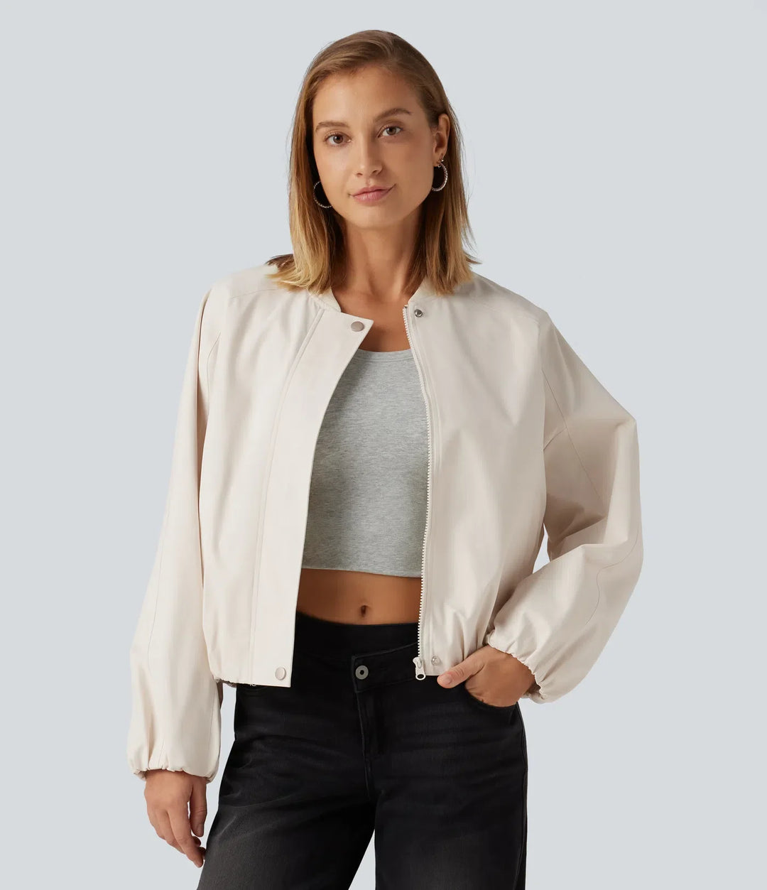 Round Neck Long Sleeve Casual Bomber Jacket with Pockets