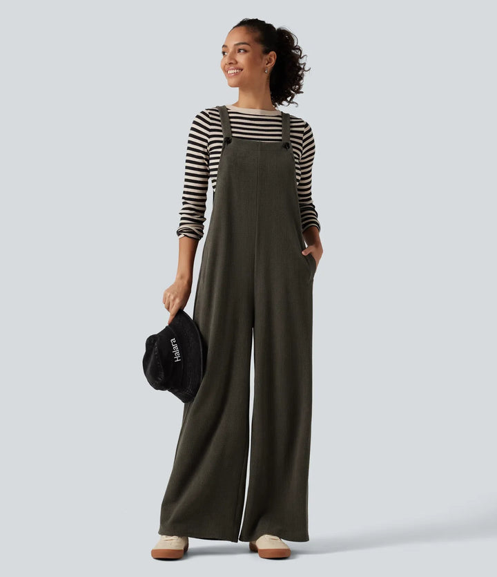 Square Neck Baggy Corduroy Casual Overalls with Pockets