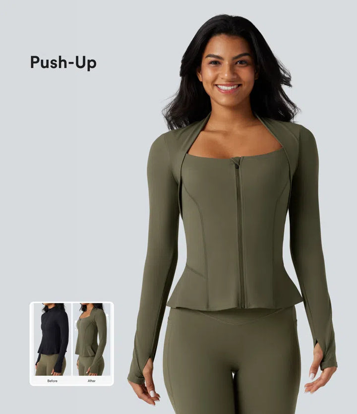 Halara UltraSculpt Push-Up Long Sleeve Thumb Hole Zipper Ruffle Hem Yoga Curvy Jacket
