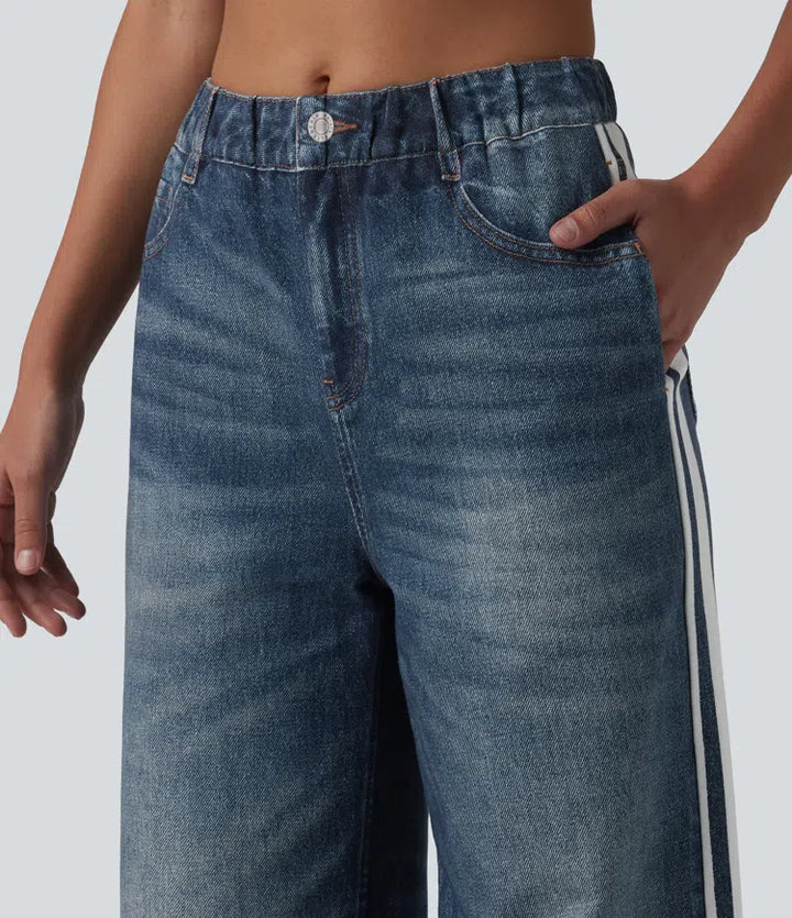 Mid Rise Denim Print French Terry Stripe Casual Sweattrousers Jeans with Pockets