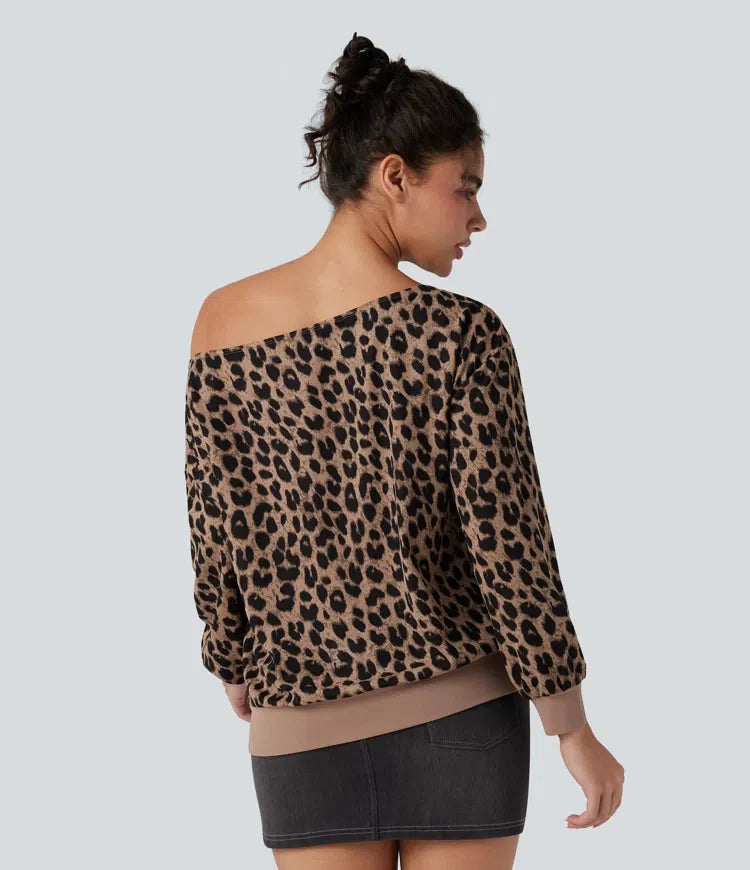 One-shoulder Long Sleeve Waffle Leopard Casual Sweatshirt with Pockets