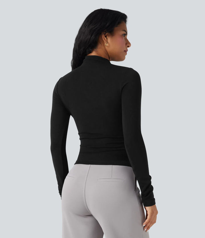 Mock-neck Long Sleeve Ruched Asymmetric Hem Thermal Casual Top
