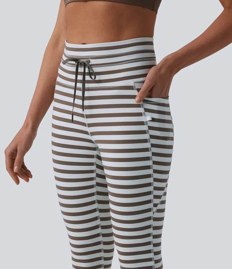 High Waisted Drawstring Stripe Yoga Leggings with Pockets