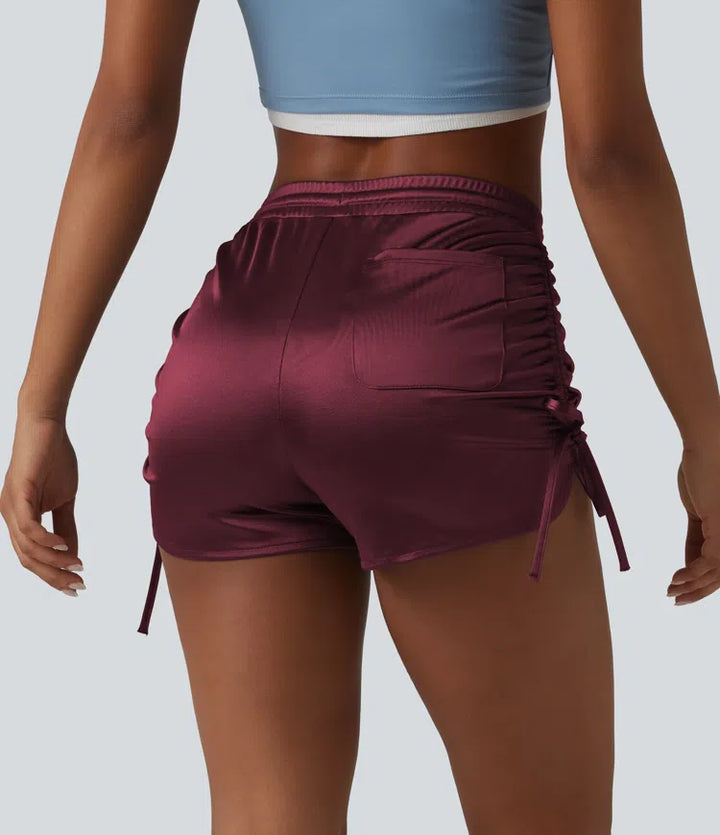 High Waisted Drawstring Ruched Satin Casual Shorts with Pocket