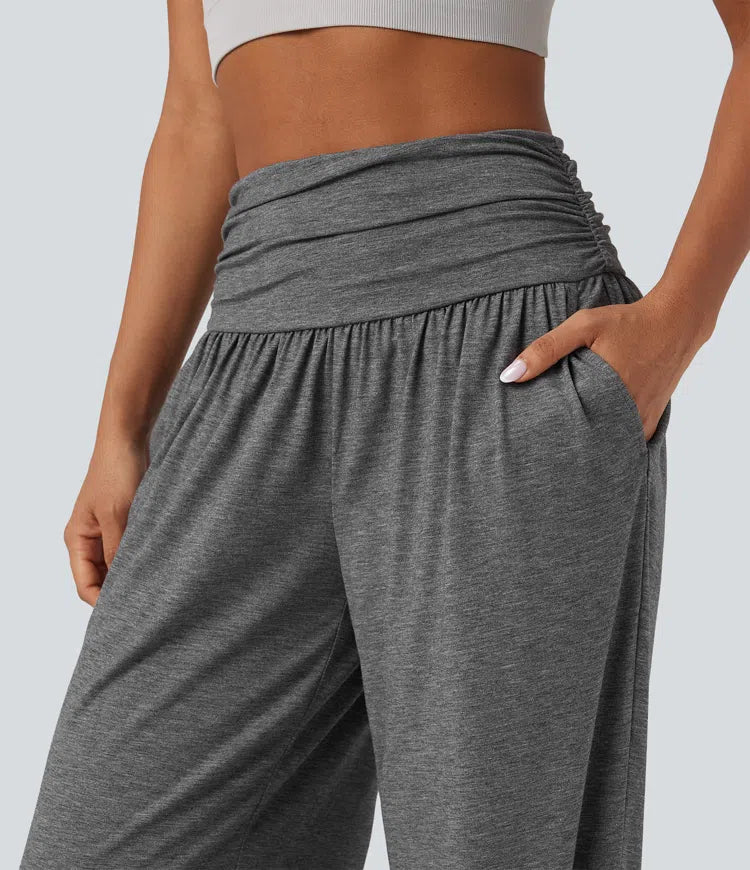 High Waisted Ruched Heathered Yoga Baggy Trousers with Pockets