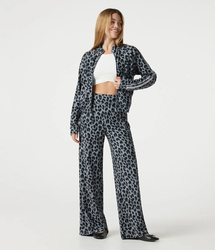 High Waisted Baggy Color Block Leopard Print Waffle Casual Trousers with Pockets