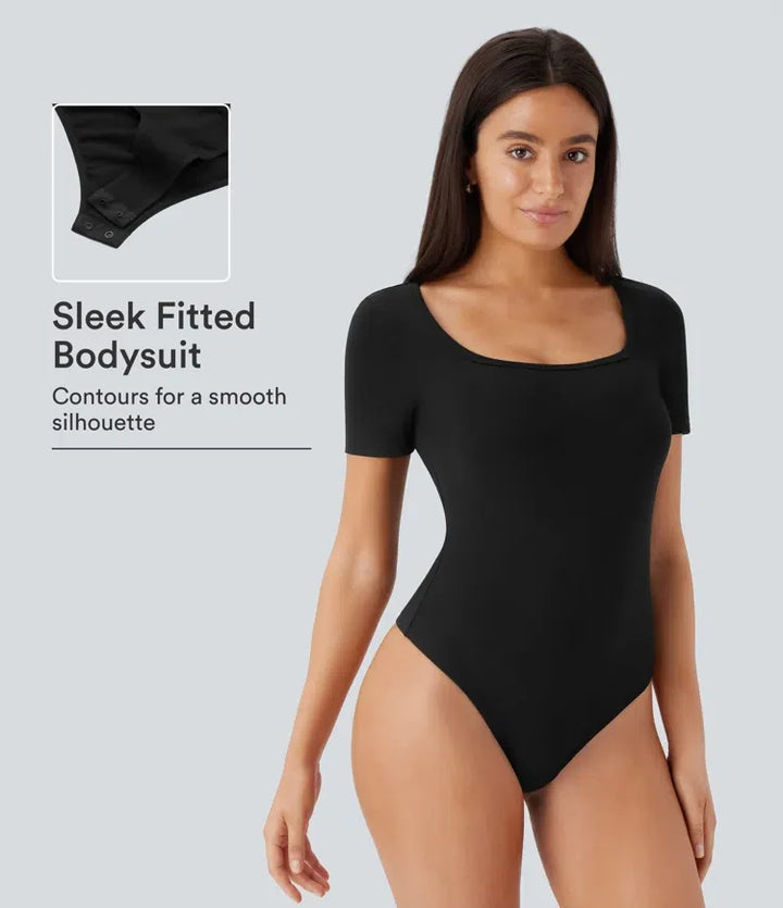 U Neck Short Sleeve Snap Skinny Work Bodysuit