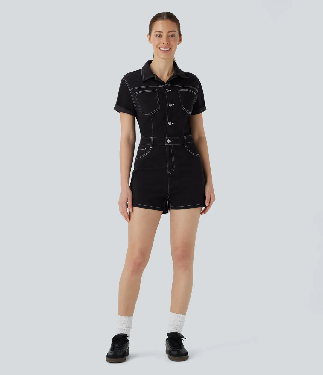 Halara Flex Short Sleeve Washed Denim Casual Utility Romper with Pockets