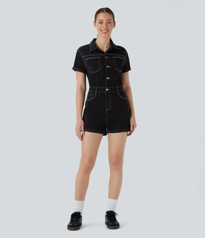Halara Flex Short Sleeve Washed Denim Casual Utility Romper with Pockets