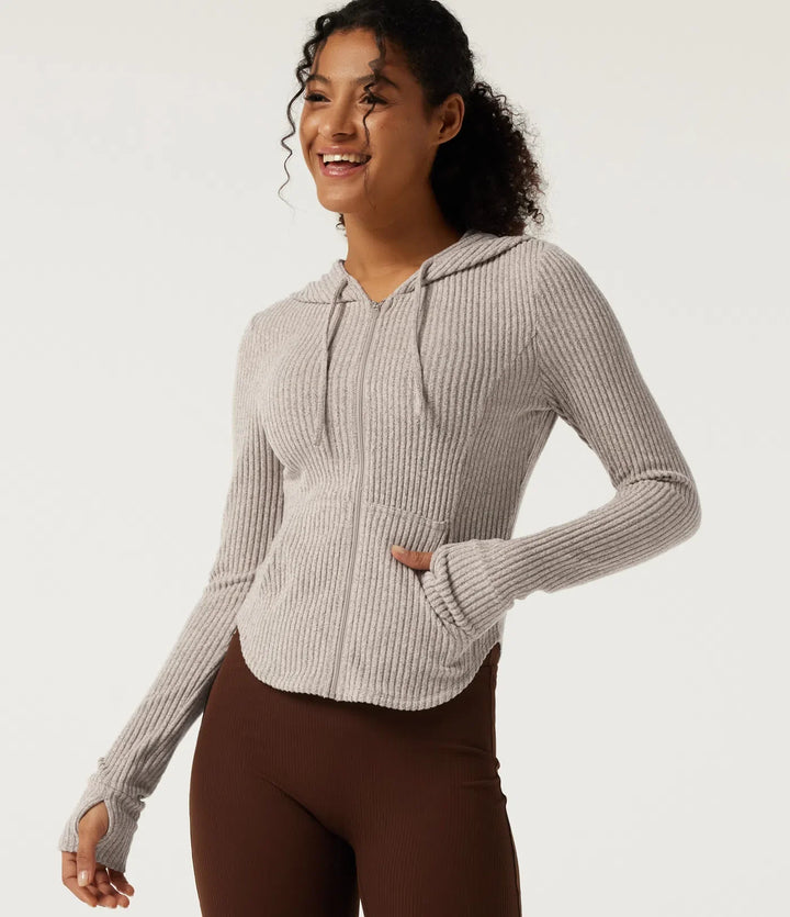 Ribbed Knit Hooded Long Sleeve Yoga Jacket with Pockets