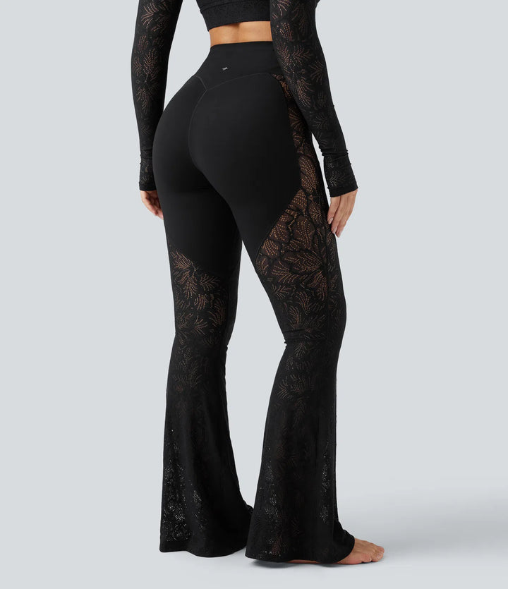 Halara UltraSculpt High Waisted Tummy Control Contrast Lace Yoga Flare Trousers with Pocket