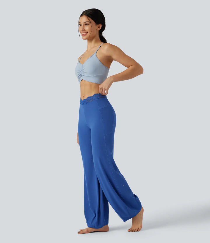 SoftlyZero High Waisted Contrast Lace Dance Balloon Trousers with Pockets