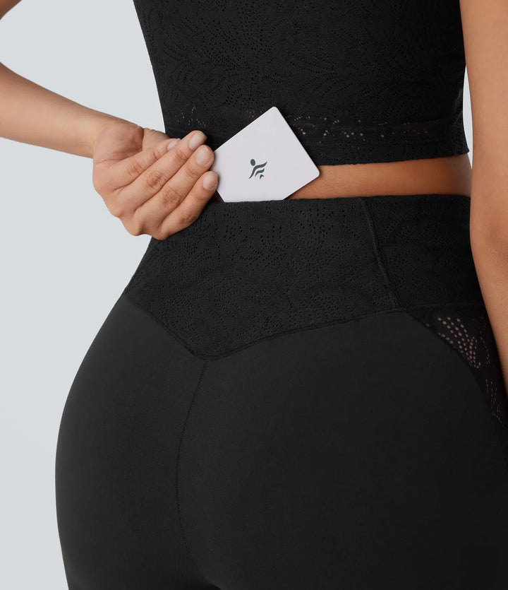 Softlyzero High Waisted Crossover Back Pocket Contrast Lace Flared Yoga Leggings