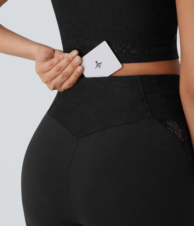 Softlyzero High Waisted Crossover Back Pocket Contrast Lace Flared Yoga Leggings