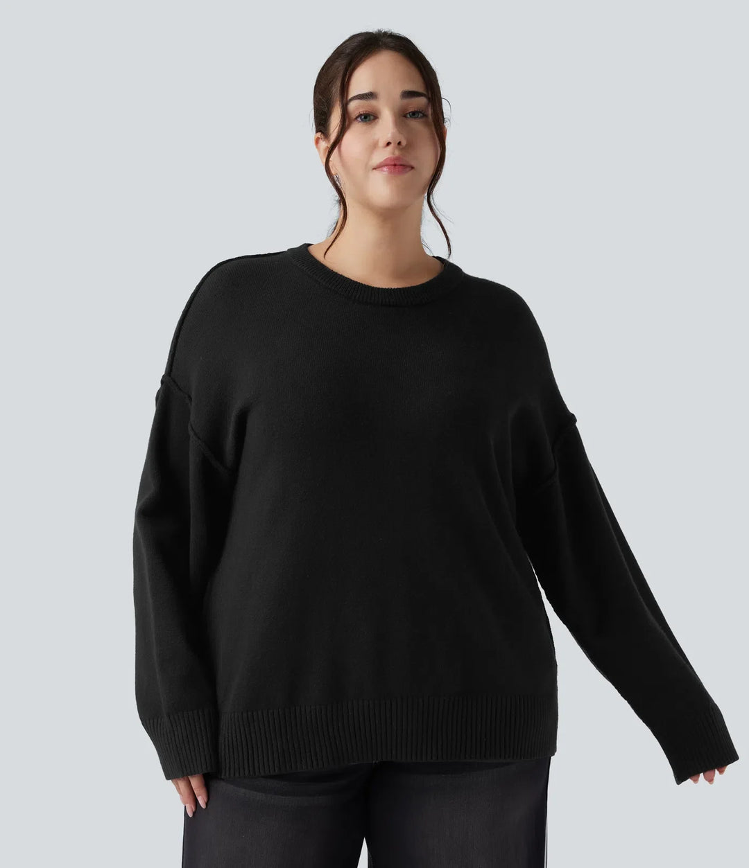 Round Neck Dropped Shoulder Long Sleeve Casual Plus Size Jumper